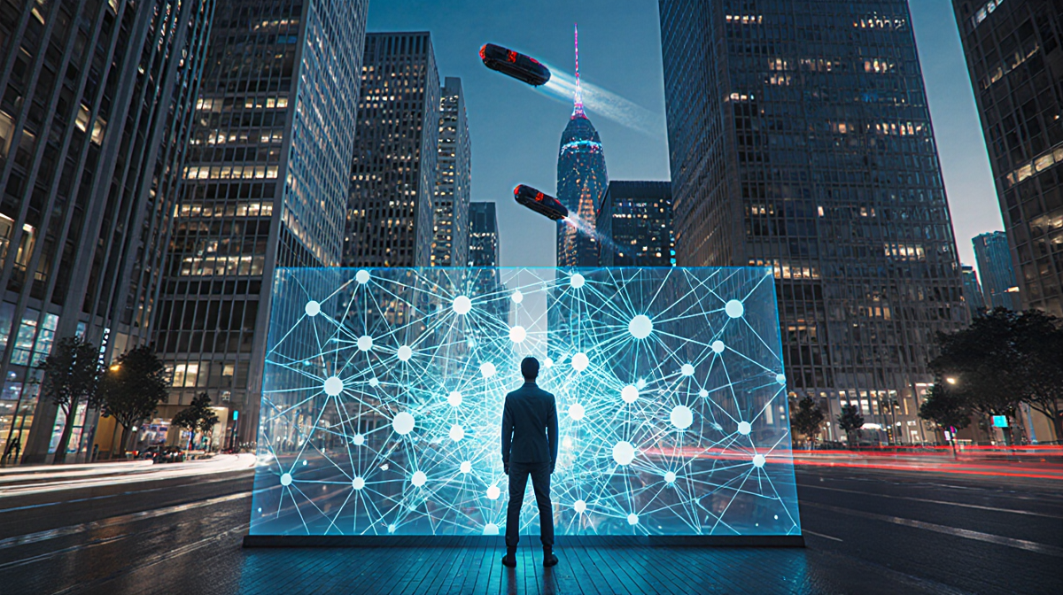 Person standing beside holographic display showing cryptocurrency AI network with futuristic city skyline in background