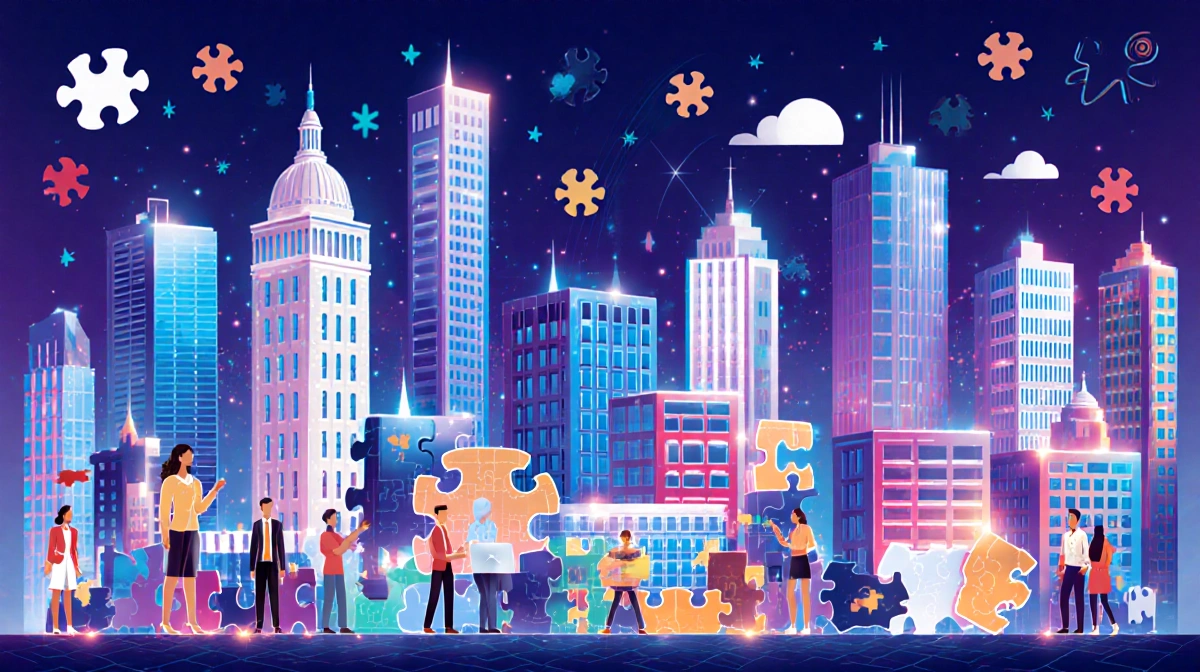 Diverse professionals collaborating with technology and puzzle pieces and innovation in a futuristic cityscape