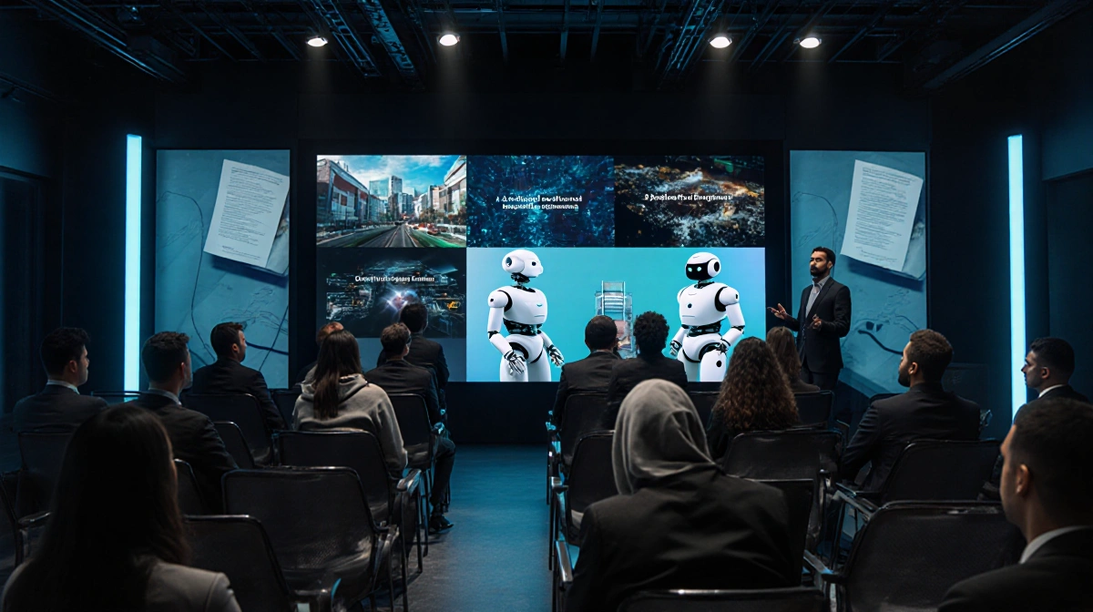 Startup presenters showing AI projects with a large screen and sleek chairs in a dimly lit futuristic conference room