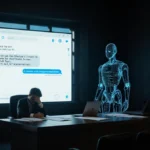 Frustrated figure working at desk with AI chatbot avatar flickering in courtroom background.