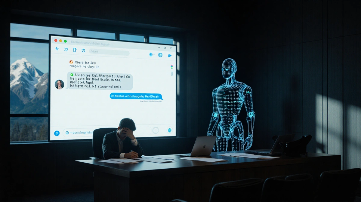 Frustrated figure working at desk with AI chatbot avatar flickering in courtroom background.