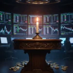 Cryptocurrency exchange screens glow with chaotic market graphs around a wooden desk with flickering candle showing $500M mar