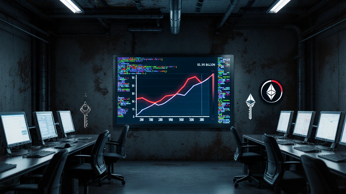 Laboratory computer screens track cryptocurrency hack values with red needle pointing to 2.5 billion and Ethereum blockchain