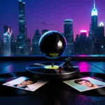 Sleek black disco ball spins on vintage record player with Harry Styles vinyl covers and neon city lights reflecting on wet p