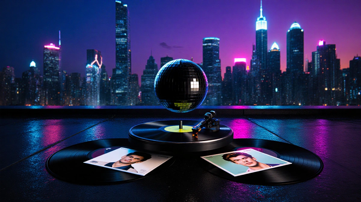 Sleek black disco ball spins on vintage record player with Harry Styles vinyl covers and neon city lights reflecting on wet p