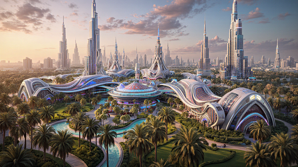 Disneyland Abu Dhabi complex gleaming with futuristic towers and ornate motifs amid palm trees