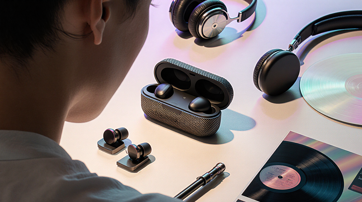 Person wearing futuristic earbuds with transparent mesh and wireless charging pads surrounded by instruments and vinyl record