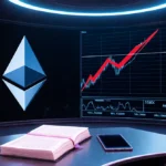 Large screen shows Ethereum chart with head-and-shoulders pattern and red line breaking $4,000 with metallic desk and glowing