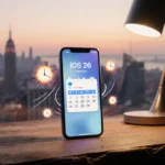 Futuristic smartphone on wooden desk shows calendar with alarms and rising sun animations with city skyline glowing at dawn