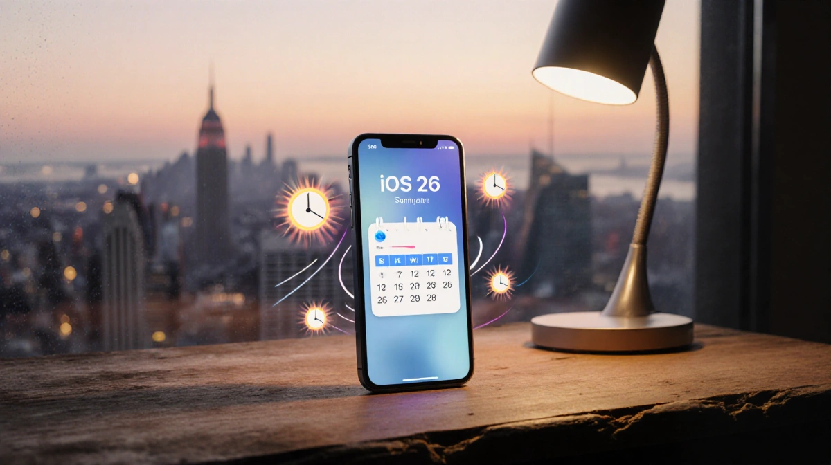 Futuristic smartphone on wooden desk shows calendar with alarms and rising sun animations with city skyline glowing at dawn