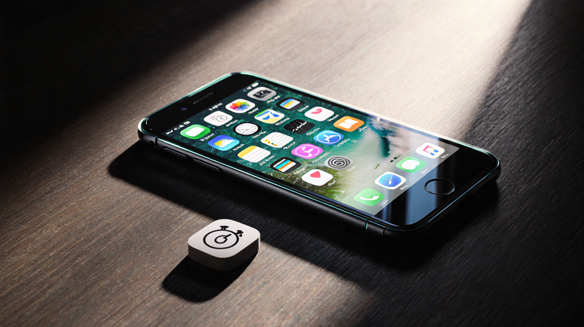 Sleek iPhone showing Liquid Glass design with dark wood background and innovative side light and alarm slider icon lying flat