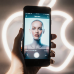 iPhone glowing with Siri avatar in center and blurred Apple logo background