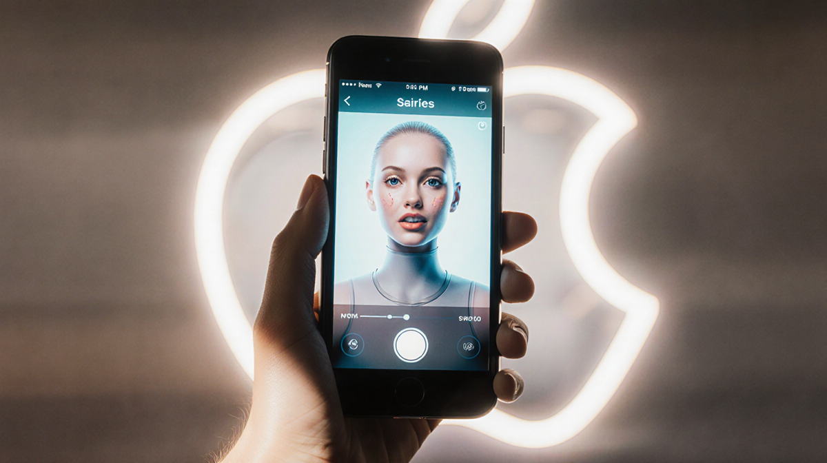 iPhone glowing with Siri avatar in center and blurred Apple logo background