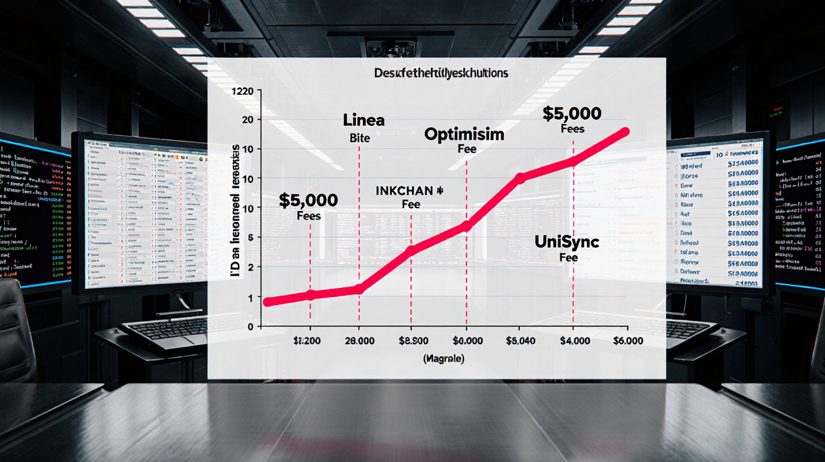 Graph projecting onto metallic surface in futuristic lab with fee data highlighting $5,000 and scaling solutions struggling