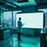 Scientist reviews real-time data on large screen with laboratory equipment and city skyline visible through windows