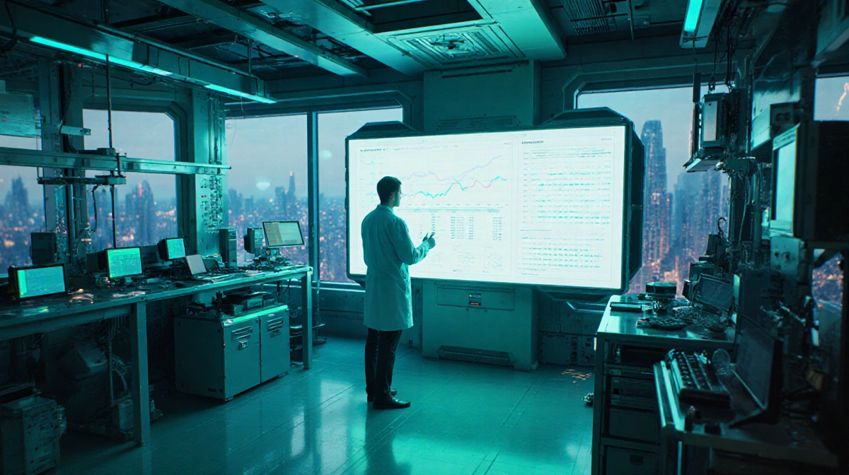 Scientist reviews real-time data on large screen with laboratory equipment and city skyline visible through windows