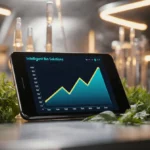 Smartphone shows rising graph with futuristic lab background and LED lights
