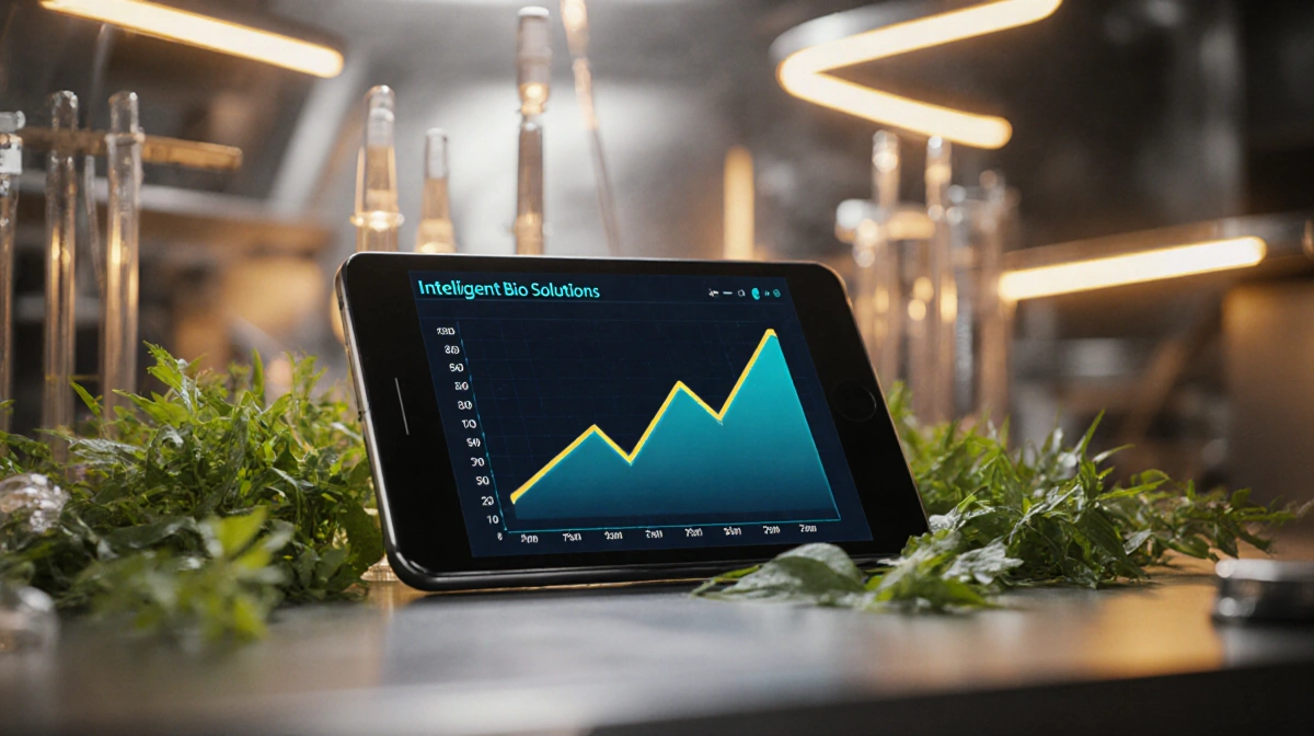 Smartphone shows rising graph with futuristic lab background and LED lights