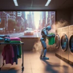 Robot folding laundry with futuristic washing machines and warm lighting in high-tech laundromat