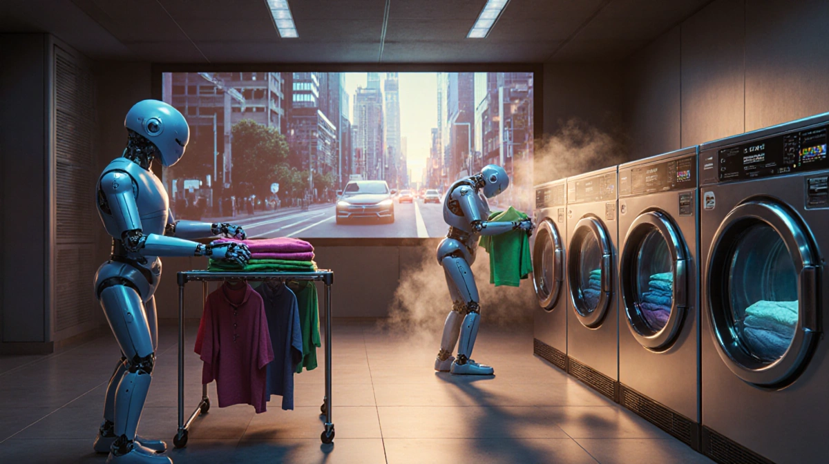 Robot folding laundry with futuristic washing machines and warm lighting in high-tech laundromat