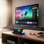 Futuristic living room shows colorful product demo on sleek TV with charging station glowing nearby