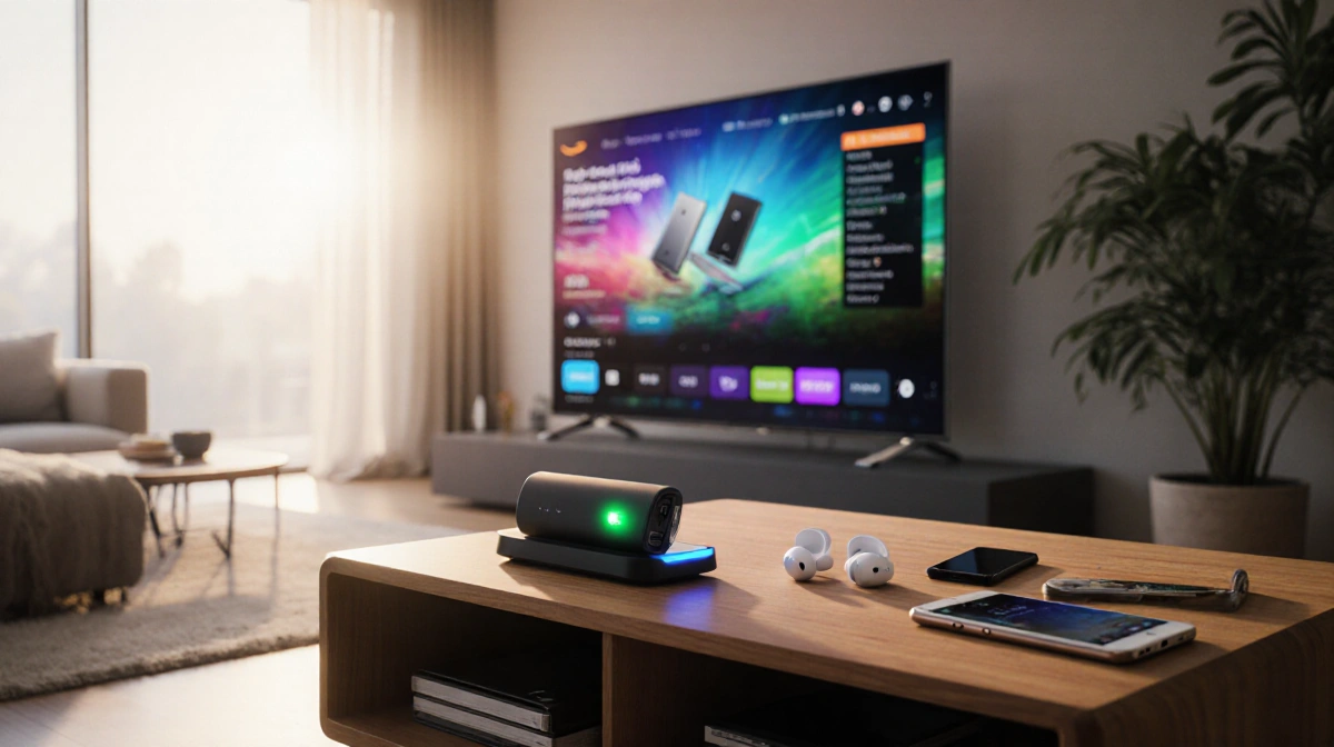 Futuristic living room shows colorful product demo on sleek TV with charging station glowing nearby