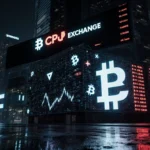 Neon lights flicker over a sleek cryptocurrency exchange building reflecting cryptic symbols with a massive ticker screen beh
