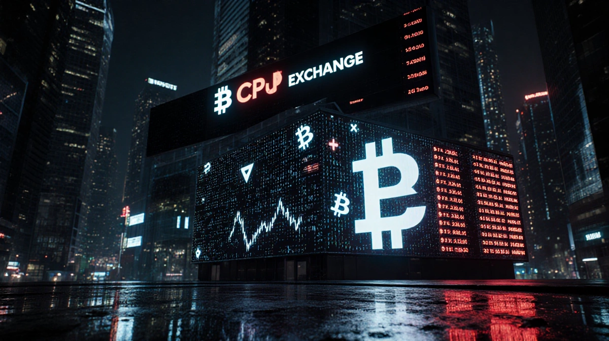 Neon lights flicker over a sleek cryptocurrency exchange building reflecting cryptic symbols with a massive ticker screen beh