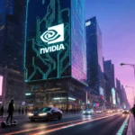 Skyscrapers rise with neon glass and metal and a glowing Nvidia logo on a tower with busy streets below