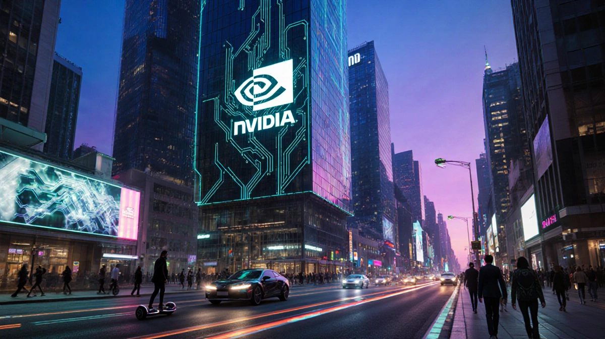 Skyscrapers rise with neon glass and metal and a glowing Nvidia logo on a tower with busy streets below