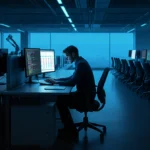 Lone worker typing on glowing laptop with blue light and robotic arms in dim office