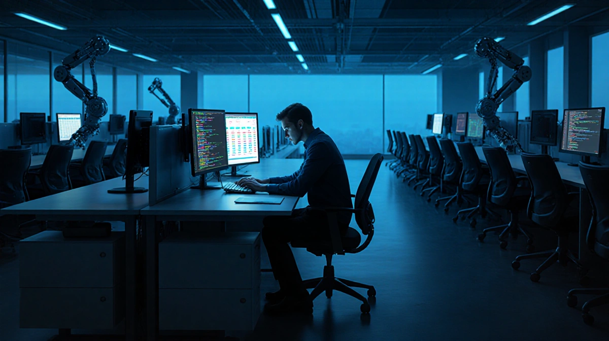 Lone worker typing on glowing laptop with blue light and robotic arms in dim office