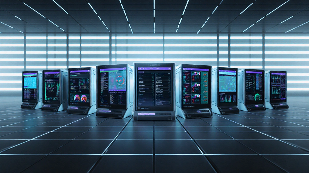 Servers and small computers display data with neon lighting and a subtle grid background in a futuristic office