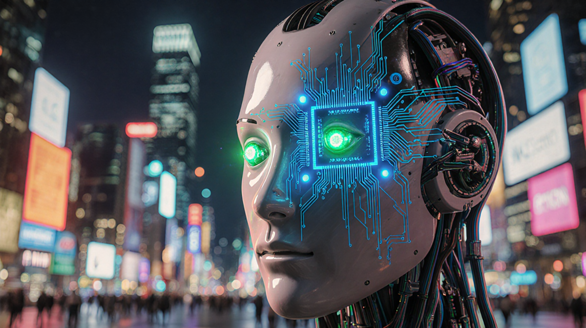 Futuristic robot standing with glowing blue circuit board on forehead and green LED eyes amid neon cityscape
