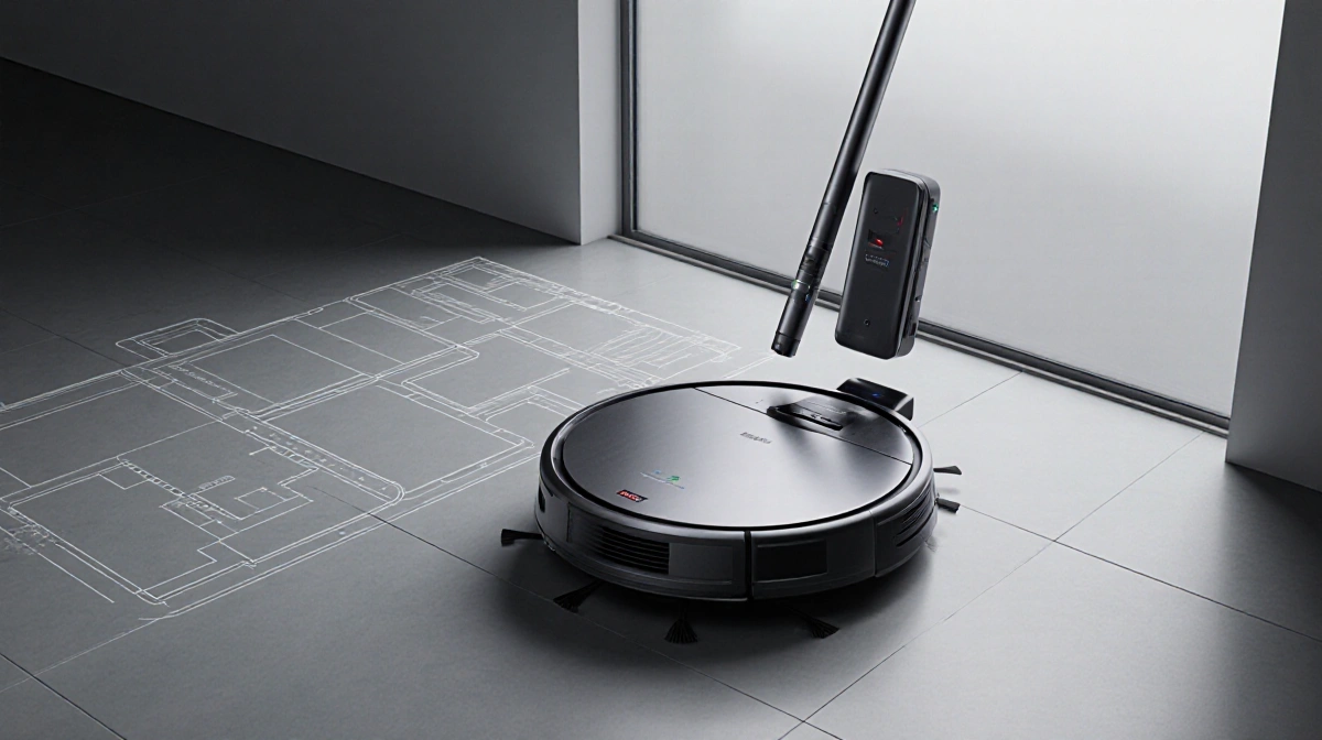 Robot vacuum cleaning with handheld wand attached and floor plan showing cleaning path behind