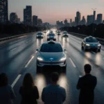 Silver self-driving cars glide along wet highway at dusk with crowd watching and city lights reflecting