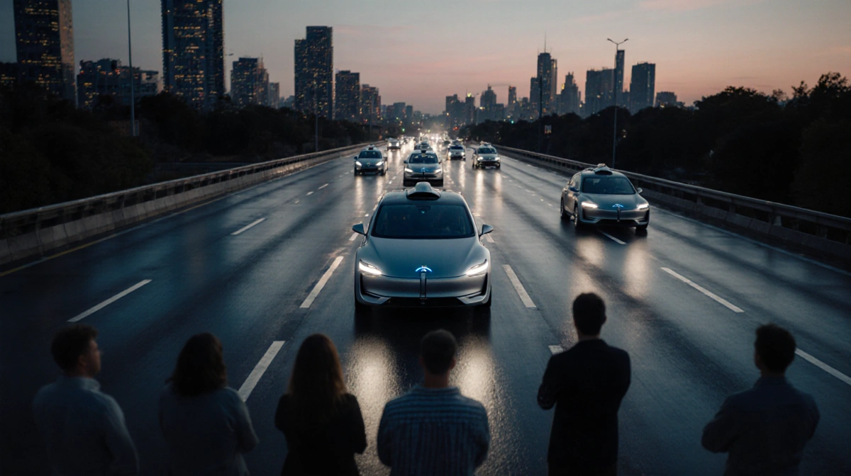 Silver self-driving cars glide along wet highway at dusk with crowd watching and city lights reflecting