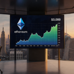 High-tech trading floor displays Ethereum price graph with golden dusk cityscape behind luxury art