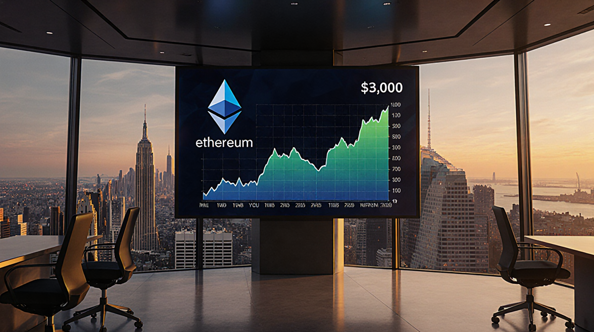 High-tech trading floor displays Ethereum price graph with golden dusk cityscape behind luxury art