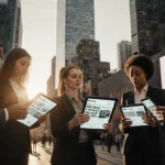 Business professionals check tablets and phones with skyscraper and billboards reflecting golden light
