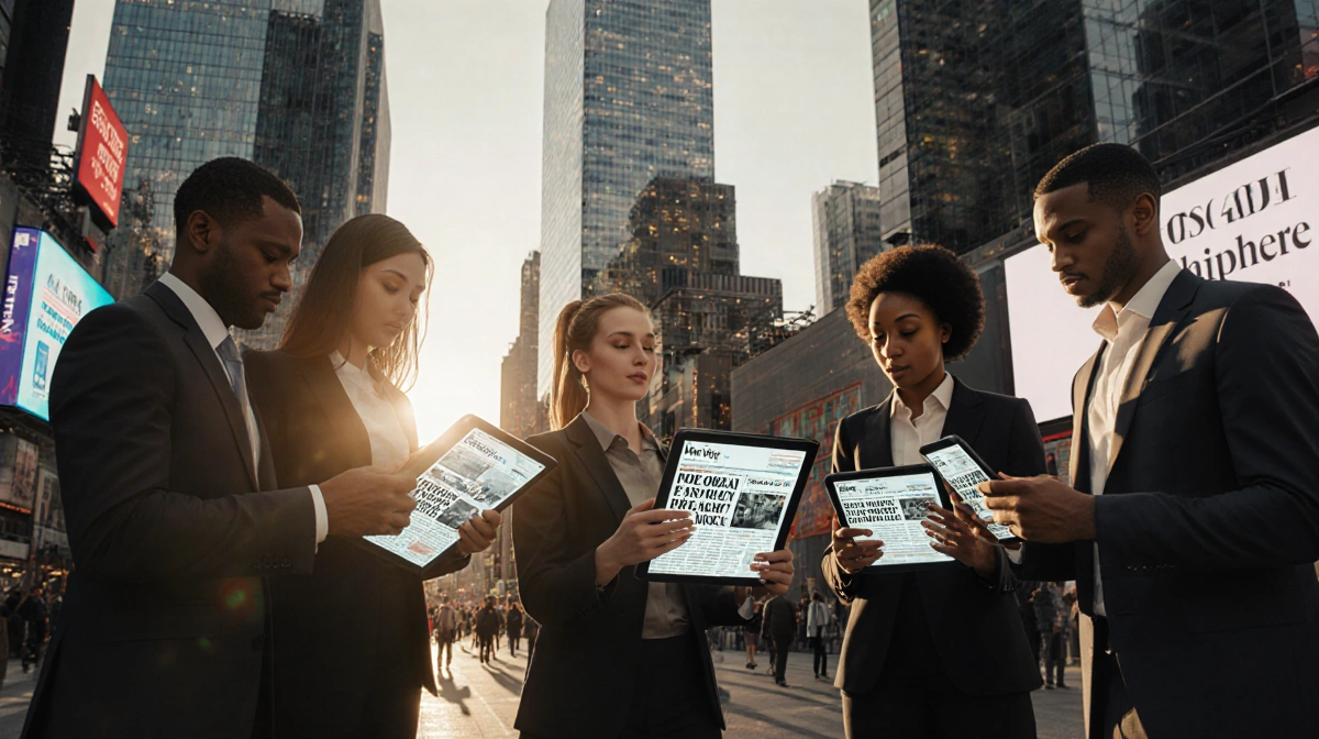 Business professionals check tablets and phones with skyscraper and billboards reflecting golden light