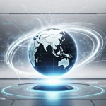 Glowing globe spins with swirling translation lines and neon lighting on futuristic silver interface