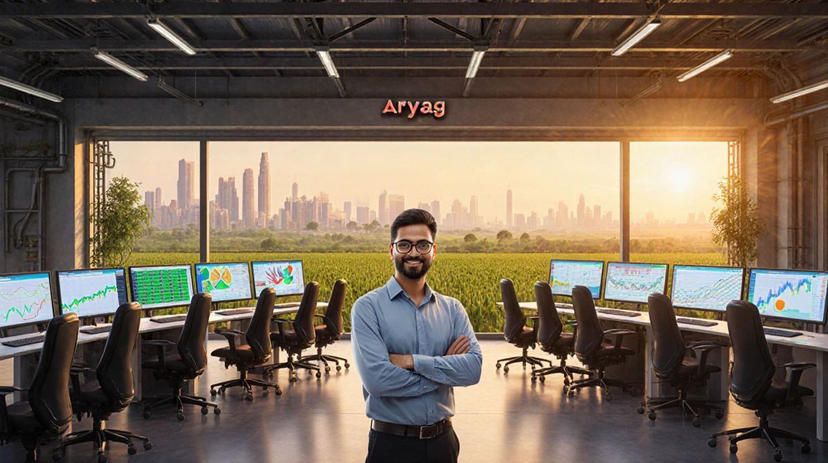 CEO standing with rows of computer screens showing crop data and financial analytics in a warehouse lit with warm golden ligh