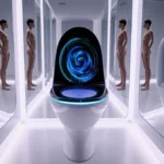Futuristic toilet analyzes wellness data with swirling biomarkers on screen and mirrors reflecting diverse body forms