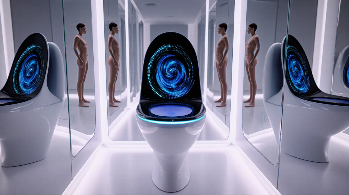 Futuristic toilet analyzes wellness data with swirling biomarkers on screen and mirrors reflecting diverse body forms