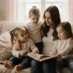 Gabby Barrett hugging her children with Baylah reading a book and Augustine playing blocks with Ivy in a cozy living room.