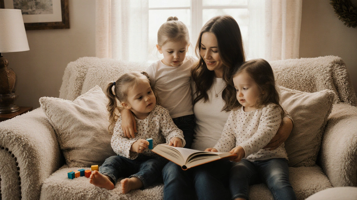 Gabby Barrett hugging her children with Baylah reading a book and Augustine playing blocks with Ivy in a cozy living room.