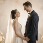 Gabby Windey and Robby Hoffman holding hands with vintage floral arrangements and soft lighting showing romantic couple