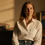 Gabrielle Carteris sits before vintage dresser with Beverly Hills 90210 photo and old fashion magazines nearby