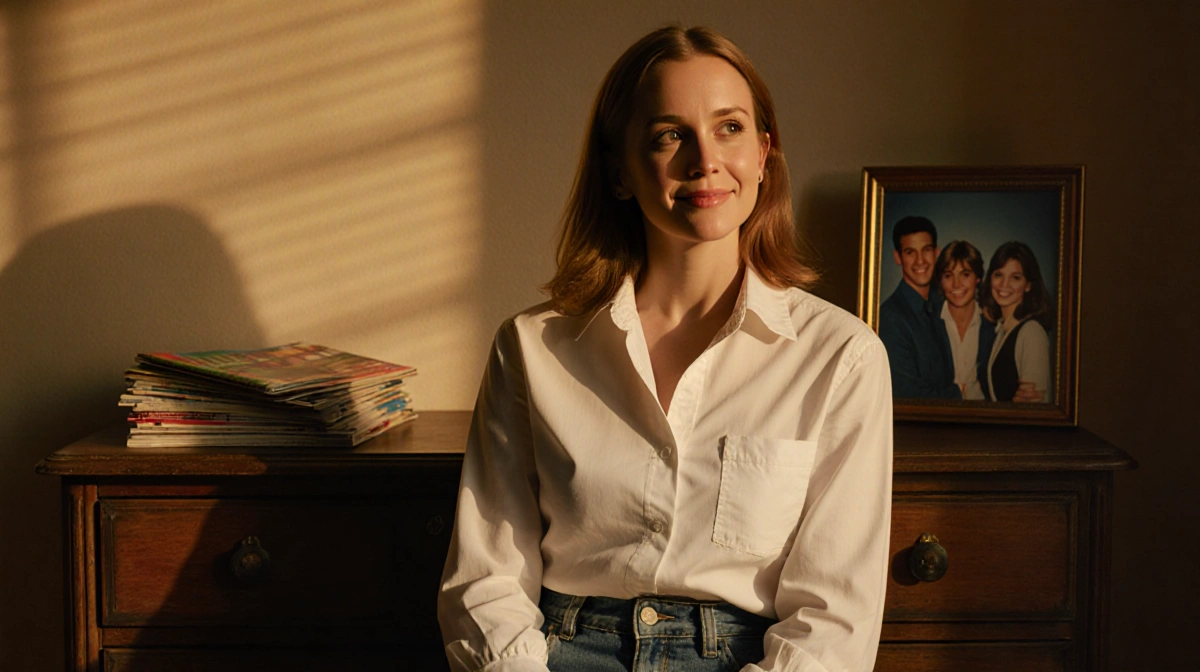 Gabrielle Carteris sits before vintage dresser with Beverly Hills 90210 photo and old fashion magazines nearby